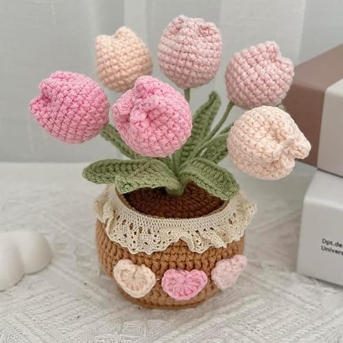 JOMODECOR Handmade Crochet Tulip Bouquet Potted Plants, Knitted Artificial Forever Flowers with Exquisite Pot,Gift to Friends Women Kids,Perfect for Home Decorations, Office Desk(Pink) - Image 1