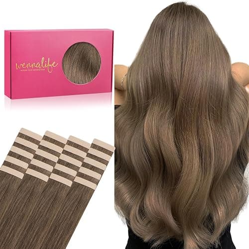 WENNALIFE Tape in Hair Extensions Human Hair, 20pcs 50g 24 inch Light Ash Brown Remy Hair Extensions Straight Human Hair Tape in Extensions Skin Weft Tape Extensions Human Hair - Image 1
