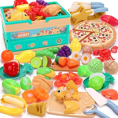 JQLM 74PCS Kids Pretend Play Cutting Food Toys with Basket, Play Kitchen Accessories with Fake Food Toy, Role Play Toys for Boys Girls, Educational Gift Toys for Toddlers Age 3,4,5 - Image 1