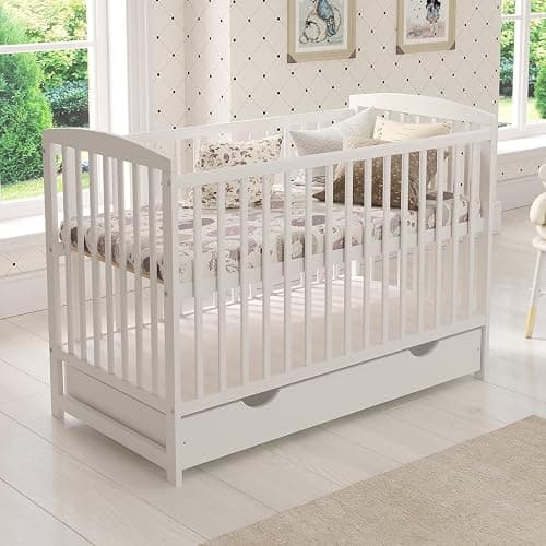Love For Sleep JACOB Baby Cot Bed 120x60cm with Quilted Microfiber Foam Mattress – Convertible Wooden Toddler Bed with Large Drawer with Anti-Dust Cover, Guard Rail and Teething Rails (White) - Image 1
