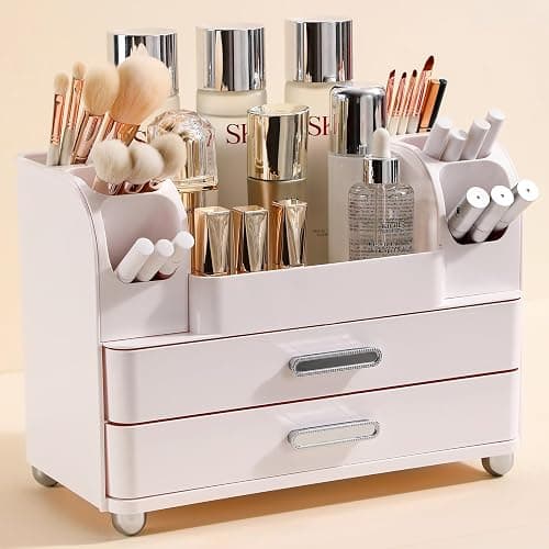 Anyoifax Makeup Organizer Countertop with Large Drawers, Vanity Organizer with Brush Holder, Skin Care Storage for Dresser, Perfume Organizer for Lotion, Lipsitck, Palette, All White - Image 1