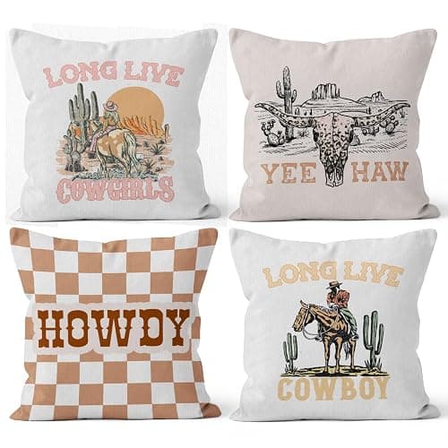 HIWX Retro Western Cowboy Cowgirl Howdy Yeehaw Cactus Sunset Desert Horse Decorative Pillowcase Throw Pillow Cover, Cowgirl Cowboy Teens Gifts Home Room Dorm Decor 18 x 18 Inch Pillow Case Set of 4 - Cowgirl-1 - 18 x 18-Inch - Image 1