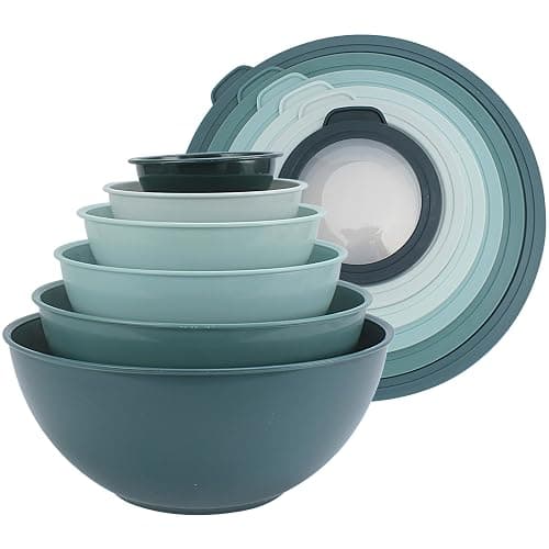 COOK WITH COLOR Mixing Bowls with TPR Lids - 12 Piece Plastic Nesting Bowls Set includes 6 Prep Bowls and 6 Lids, Microwave Safe Mixing Bowl Set (Teal) - Image 1