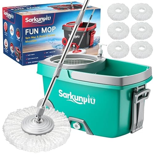 Sarkunpio Mop and Bucket Set with Wringer, Spin Mop Floor Cleaning System with 6 Replacement Microfiber Heads & 61" Extra-Long Handle for Home Floor, Blue - Image 1