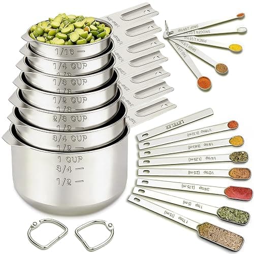 EWFEN Measuring Cups and Spoons Set, 7 Stainless Steel Nesting Measuring Cups & 7 Spoons, 5 Mini Measuring Spoons &1 Leveler, Kitchen Gadgets for Cooking & Baking, Square - Image 1