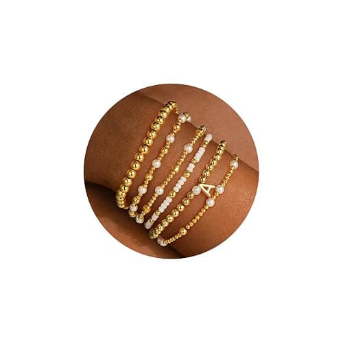Turandoss 6PCS Beaded Initial Bracelets for Women Girls Jewelry Gifts - 18K-Gold-Plated Beaded Initial Letter Bracelet for Girls Women Initial A-Z Stretch Bead Stackable Bracelet Jewelry Set Gifts - Image 1