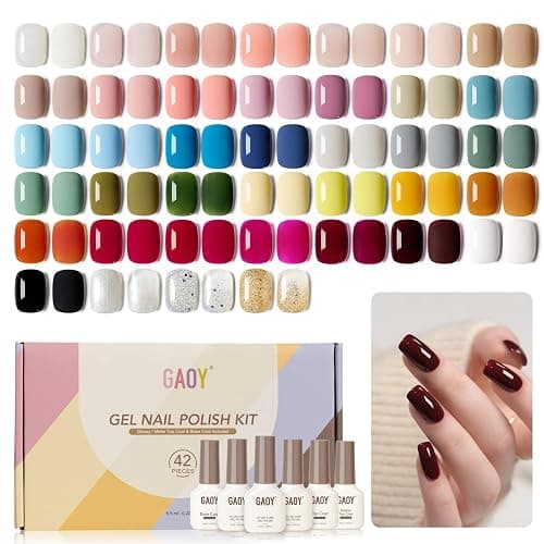 GAOY 42 Pcs Gel Nail Polish Kit, Black White Jelly Nude Pearl Glitter Colors All Seasons Gel Nail Polish Set with Glossy & Matte Top Coat and Base Coat for Salon and DIY Manicure at Home - Image 1