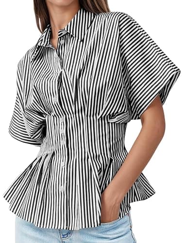 Tankaneo Womens Striped Peplum Button Down Shirts Short Sleeve Pleated Tops Summer Business Casual Blouses - Image 1