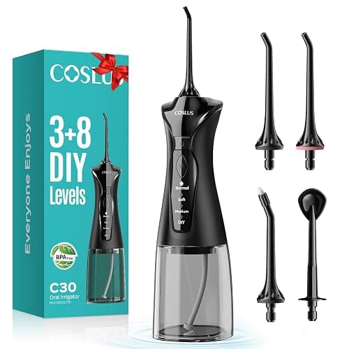 COSLUS Water Dental Flosser Pick for Teeth: 4 Modes Cordless Portable 300ML Larger Tank Water Teeth Cleaner IPX7 Waterproof Flossing Cleaning Picks for Home Travel Black C30(FC5360) - Image 1