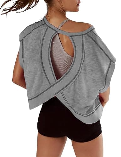 Kumufenc Women Short Sleeve Workout Shirts Open Back Tops Casual Yoga Y2k Athletic Gym Slouchy Crop Running Tees - Image 1