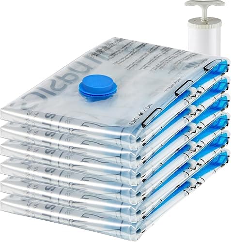 Amazon Basics Vacuum Compression Space Saving Storage Bags with Hand Pump for Clothes Packing, Jumbo, Clear, Pack of 6 - Image 1