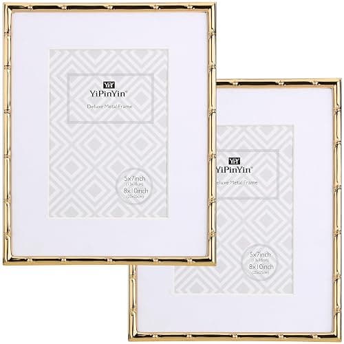 YiPinYin 8x10'' Bamboo Detail Gold Metal Picture Frame with Acid Free Mat for 5x7'' Set of 2,Narrow Gold Plated Photo Frames 5 x7'' With Soft Touch Velvet Backing for Desktop and Wall Décor - Image 1