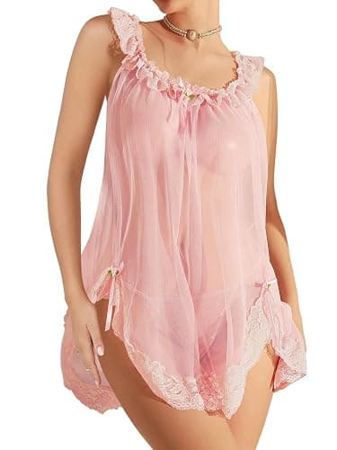 Foxiny Sexy Bows Split Side Ruffle Lace Mesh Sheer Babydoll Lingerie Dress Nightgown Set with Thong 2 Piece - Image 1