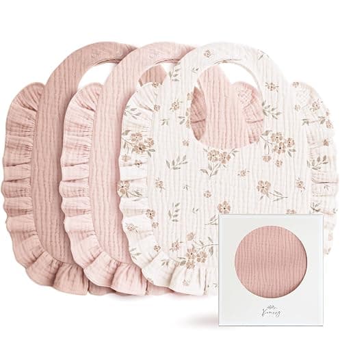Konssy Muslin Baby Bibs for Girls – Soft 100% Cotton Drool Bibs, Ruffle Trim for Newborns & Toddlers 0-36 Months 3-Pack - Pink - Image 1