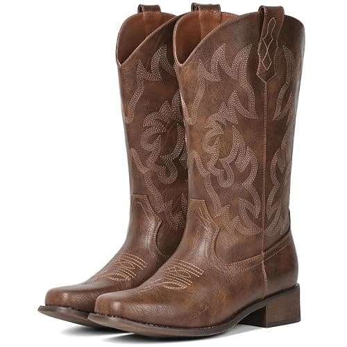 IUV Cowboy Boots For Women Square Toe Cowgirl Boots Mid Calf Western Boots Pull On Fashion Cowboy Boots - Image 1