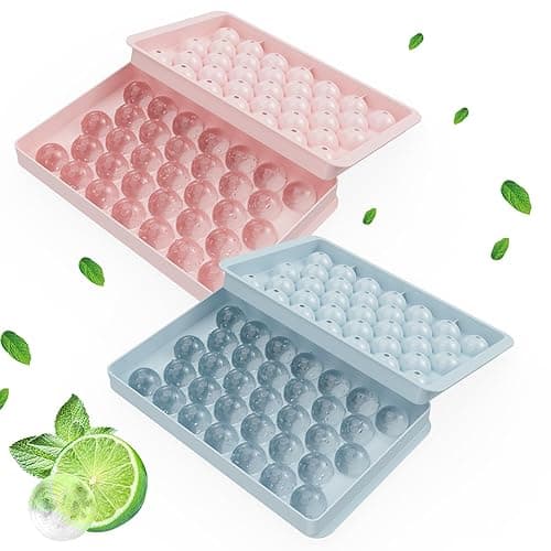 Round Ice Cube Tray with Lid, 66 Ice Ball Molds for Freezer, Easy to Remove Sphere Ice Making Mold for Water Whiskey Cocktail Tea Coffee (Blue+Pink) - Image 1