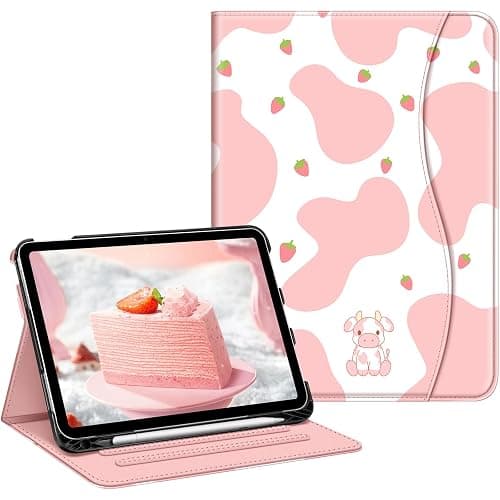 Fintie Case for iPad (A16) 11th Generation 11 Inch (2025), iPad 10th Generation 10.9 Inch (2022), Multi-Angle Viewing Protective Stand Cover with Pencil Holder & Pocket, Strawberry Cow - Image 1
