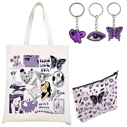 YTLSDHF 5-Piece Singer Fans Set with 1 Purple Printed Canvas Tote Bag, 1 Makeup Pouch and 3 Keychains, Music Lover Gift, Purple Music Bag for Concerts and Gifts - Image 1