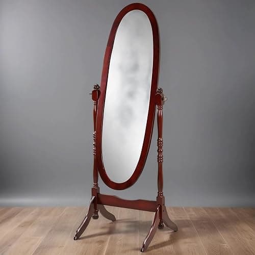 GTU Furniture Swivel Adjustable Full-Length Oval Wood Cheval Floor Mirror, in White/Black/Cherry/Oak/Silver/Gold/Espresso/Grey Finish (Cherry) - Image 1