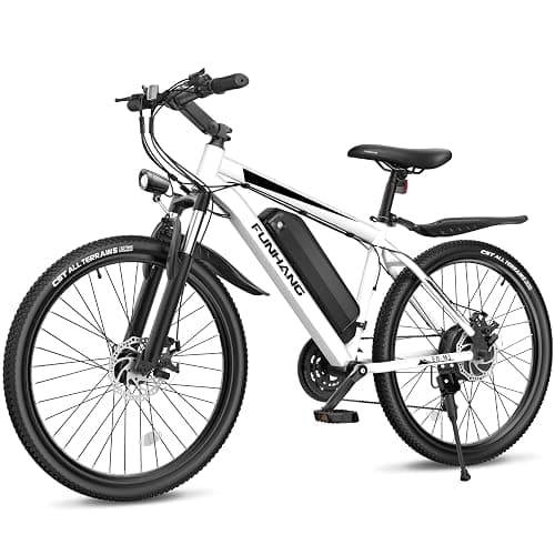 Funhang Electric Bike for Adults, 26'' 1000W Peak Ebike, Up to 50 Miles 21.7MPH Electric Mountain Bike with 48V 374.4WH Removable Battery, Adjustable Stem, Fenders, Lockable Suspension Fork, 21-Speed - WHITE - Image 1