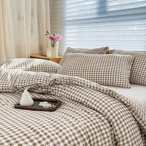 NSNLGSGC Tan Gingham King Comforter Set, 3 Pieces | Brown Grid Bed Comforter, 3 Pieces, 1 Comforter, 2 Pillowcases - Image 1