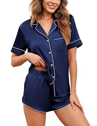 Ekouaer Womens Silk Satin Pajamas Set Short Sleeve Sleepwear Button Down Loungewear 2 Piece Pjs Shorts Set S-5X Plus Size - Image 1