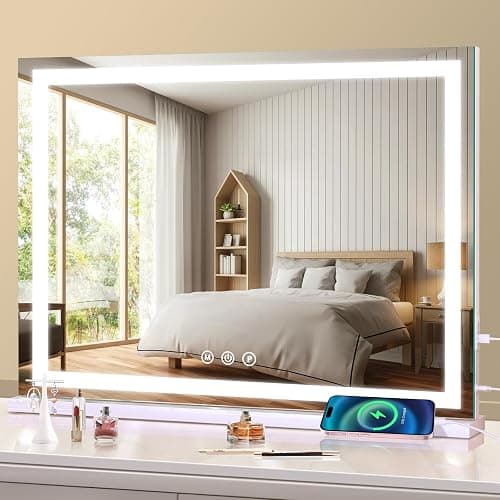 Large Lighted Vanity Mirror, 23" x 19" Light Up Make up Mirror with Smart Touch 3 Colors Dimmable, Tabletop or Wall-Mounted, Memory Function - Image 1