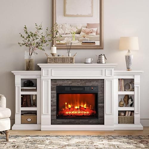 Naice 72" Electric Fireplace with Mantel and Cabinets, Fireplace TV Stand for Living Room Bedroom, Stacked Stone Surround and Remote Control 3D Realistic Flame, White - Image 1
