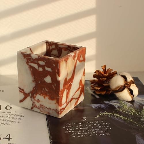 Calacatta Red Marble Toothbrush Holders for Bathroom, Natural Marble Makeup Brush Holder Countertop Organizer - Image 1