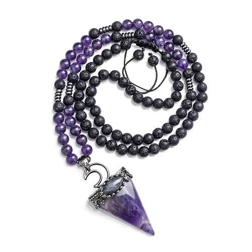 Jovivi 6mm Natural Amethyst Crystal Pendulum Necklace Lava Rock Labradorite Healing Chakra Triangle Pendulum Crystal w/Moon 25inches Adjustable - Image 1