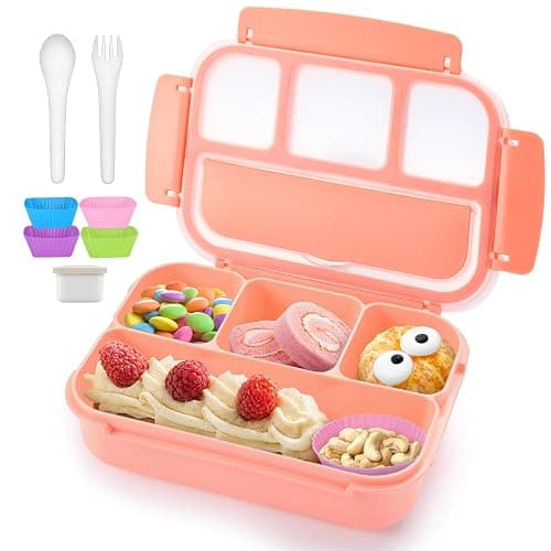 QQKO Bento Box Adult Lunch Box, Lunch Containers for Adults Men Women, Kids Lunch Boxes for School with 4 Compartments, Sauce Container, Utensils and Muffin Cups, Pink - Image 1