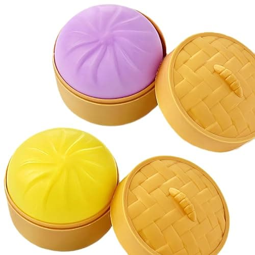 Dumpling Squishy,Dumplings Stress Balls Fidget Sensory Toy,Dumplings Stress Fidget Sensory Balls with Food Steamer,Easter Gift,Birthday Gift (Purple + Yellow) - Image 1