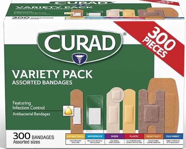 CURAD Assorted Bandages Variety Pack, 300 Count, 6 Styles Including Antibacterial, Waterproof, Sheer, Plastic, Heavy Duty & Flex-Fabric, Protects Scrapes, Cuts & Burns, Latex-Free - Image 1