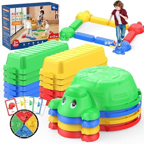 16 Pcs Balance Beam and Stepping Stones for Kids - 4 Turtle Shape Stepping Stones and 12 Connectable Beams with Sound Feature,Color Spinner, Riddle Cards, Fun Balance Training and Obstacle Course - Image 1