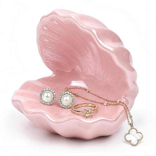 Pink Shell Ring Holder for Jewelry, Coastal Chic Organizer, Pink Home Decor | Vanity Organizer Aesthetic Nightstand Bathroom Pink Room Decor, Mother's Day Friendship Christmas Birthday Gifts for Women - Image 1