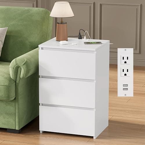 FOTOSOK White Nightstand, 26" H Night Stand with Charging Station, White Nightstand with USB Ports & Power Outlets, Silent Slides, Wooden End Side Table Bedside Table with 3 Drawers for Bedroom - Image 1