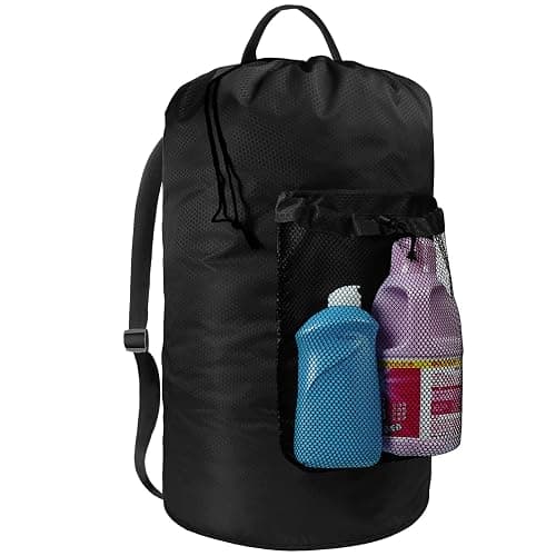 Laundry Bag with Shoulder Straps and Mesh Pocket Laundry Backpack Large Portable Laundry Hamper for College Travel, Laundromat, Apartment (Black) - Image 1