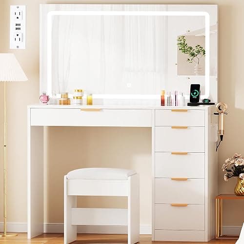 ANWBROAD 39" Makeup Vanity Desk with Mirror and Lights with 6 Drawers and Charging Station Girls Vanity with Glass Top,3 Color Modes Adjustable,White for Bedroom UBDT79A - Image 1