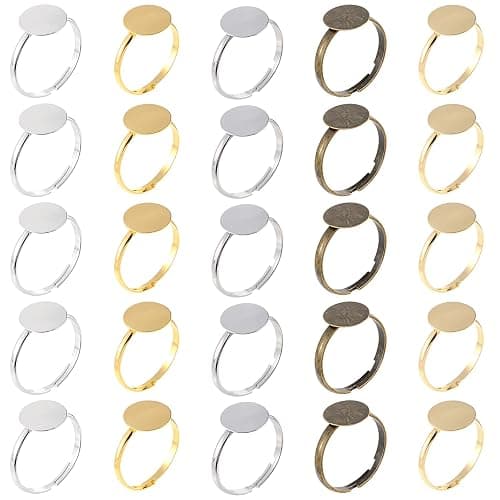 50Pcs Ring Blanks for Jewelry Making Supplies Adjustable Flat Ring Base, 12mm Rings Blanks Jewelry Findings, Silver Gold Rose Gold Black Craft Rings - Image 1
