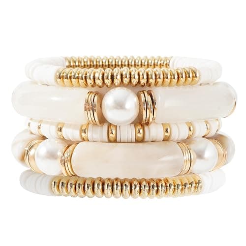 GOOJIDS Simple Beaded Gold Bangles Bracelet Chunky Bamboo Tube Curved Stacking Clear Acrylic Colorful Beads Stretchable Gold Bracelets Set For Women - A-A1 Ivory set - Image 1