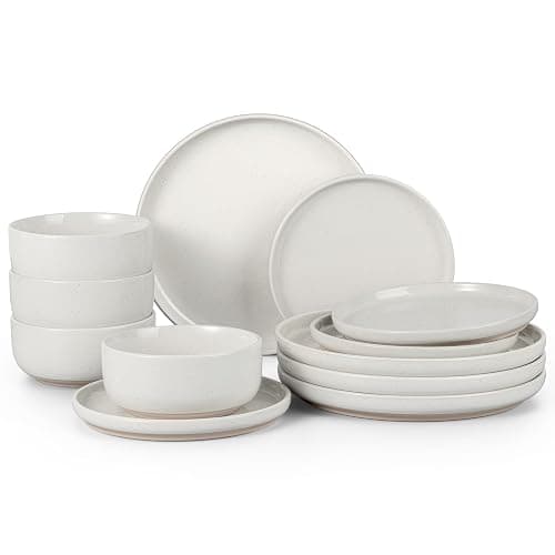 HaWare Stoneware Dinnerware Sets, 12-Piece Plates and Bowls Set for 4, Dishes Set for Home Restaurant, Speckled Milky White - Speckled Milky White - 12 Pieces - Service for 4 - Image 1