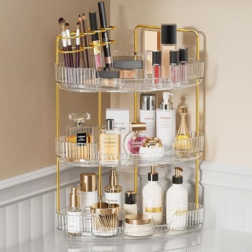 EUHOME 3-Tier Corner Bathroom Counter Organizer Makeup Cosmetic Storage, Tool-Free Installation Acrylic Vanity Shelf, Countertop Storage Organizers Perfume Tray for Bathroom, Dresser, Kitchen (Clear) - Clear - 9" x 9" x 20.5" - Image 1