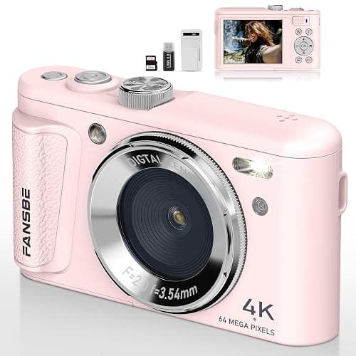 Fansbe Smart Digital Camera, 4K Vlogging Camera with 64MP, Point and Shoot Digital Cameras with 18X Zoom, Anti-Shake, Mode Dial, 32GB SD Card, Card Reader, Charger, Compact Small Cameras, Pink - Image 1