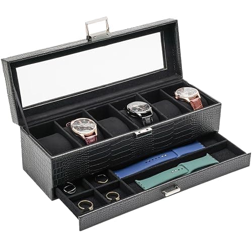 ProCase Watch Box for Men, 6 Slot Watch Display Case with Drawer, Mens Watch Case With Glass Lid, 2-Layer Jewelry and Watch Storage Watch Holder Organizer for Men Women -6 Slot, LizardBlack - Image 1