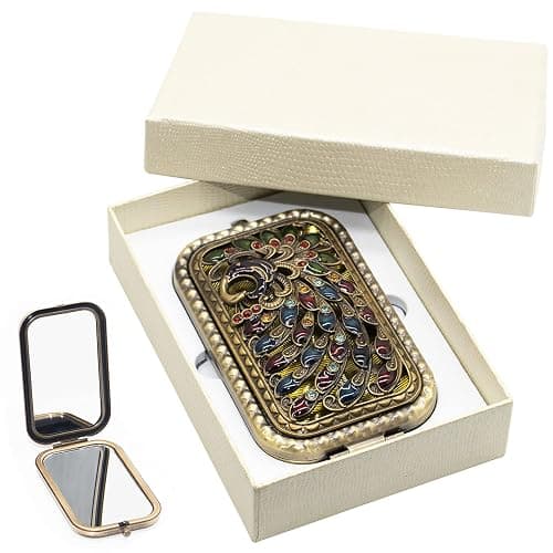 Warmtree Vintage Makeup Mirror Metal Portable Foldable Mirror Peacock Vanity Mirror Double Sided Compact Cosmetic Mirror Travel Mirror (B) - Image 1