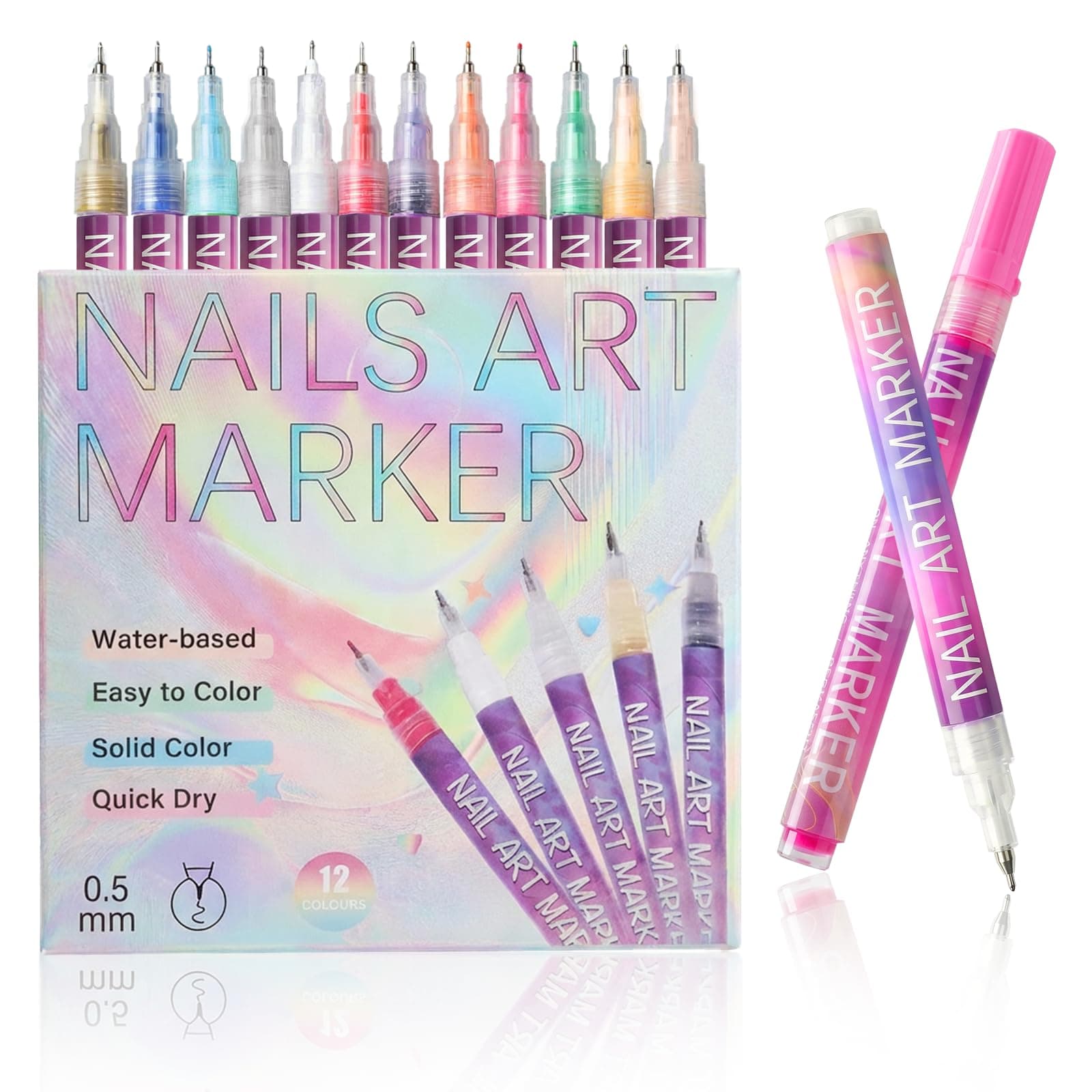 12 Colours Nail Art Pens Set, 0.5mm Fine Tip Nail Polish Markers, 2026 Upgrade Nail Art Markers,Quick Dry Waterproof Liner Pens for DIY 3D Nail Art, Gel Nails Painting Tools for Beginners & Professionals (1 Set) - Image 1