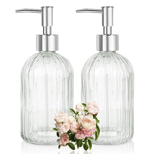 Glass Soap Dispenser with Plastic Pump, Hand Soap Dispenser for Hand Wash, Lotion Dispenser for Dishwashing Liquid, Lotion Shower Gel (Striped Transparent) - Image 1