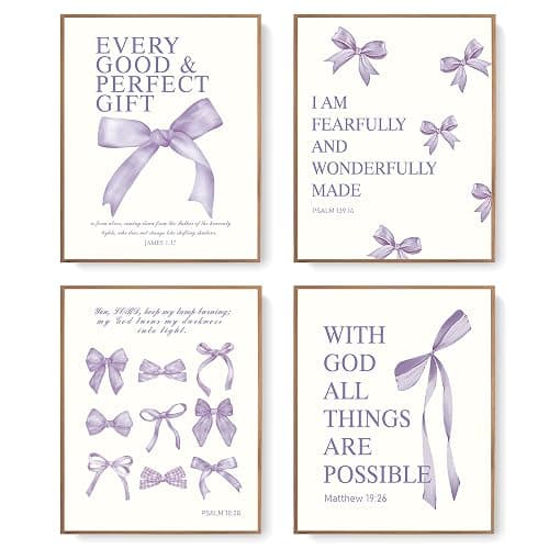 LARTSFRO Coquette Purple Bow Wall Art Decor Posters, Purple Bow Room Bedroom Bathroom Dorm Wall Art Decor Aesthetic for Teen Girls Gifts, Inspirational Bible Verses Bow Wall Decor, 10x8 Inch Set of 4 Pcs Bow Pictures (UNFRAMED) - Image 1