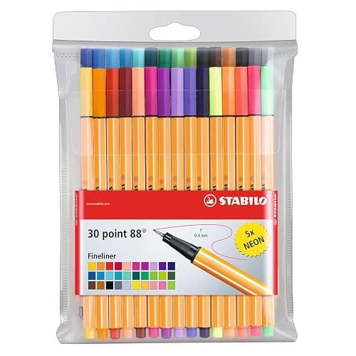 STABILO Fineliner point 88 - Wallet of 30 - Assorted colors with 5 neon colors - 30 Count (Pack of 1) - Wallet Set of 30 - Assorted Colors - Image 1