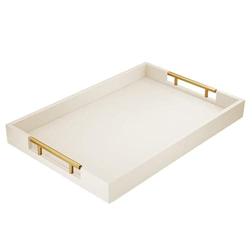 ATZYmolin 17" x 12" Wood Serving Tray with Gold Polished Metal Handles, Home Decorative Wooden Rectangle Ottoman Leather Decor Platter Bathroom Vanity Tray for All Occasions White - Image 1